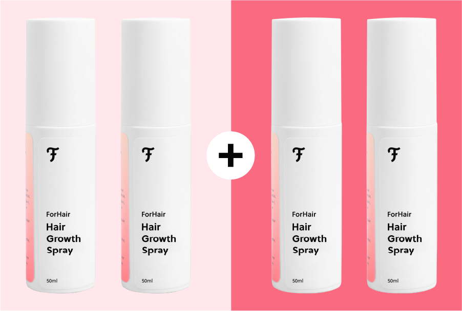 Four bottles of ForHair Hair Growth Spray on split pink background.
